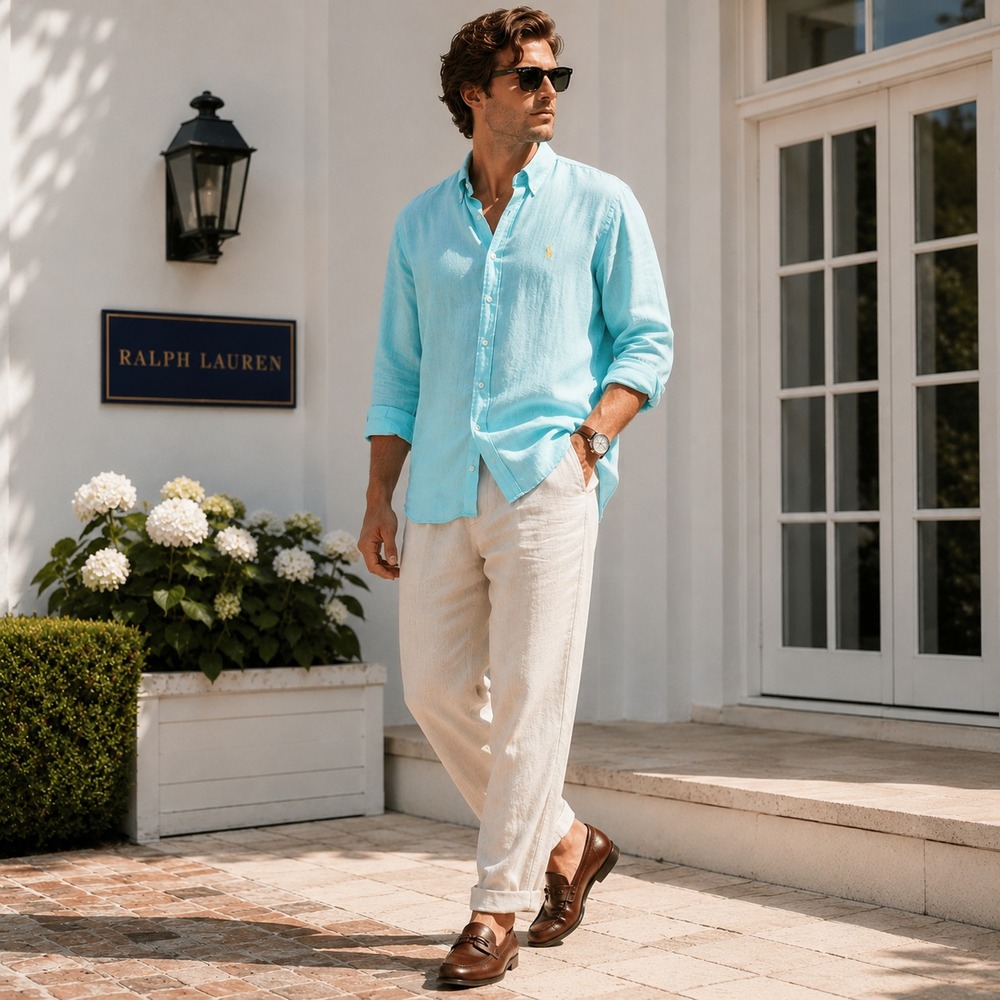RALPH LAUREN Men's Casual Shirt XXL Aqua Blue 100% Linen Long Sleeve Coastal